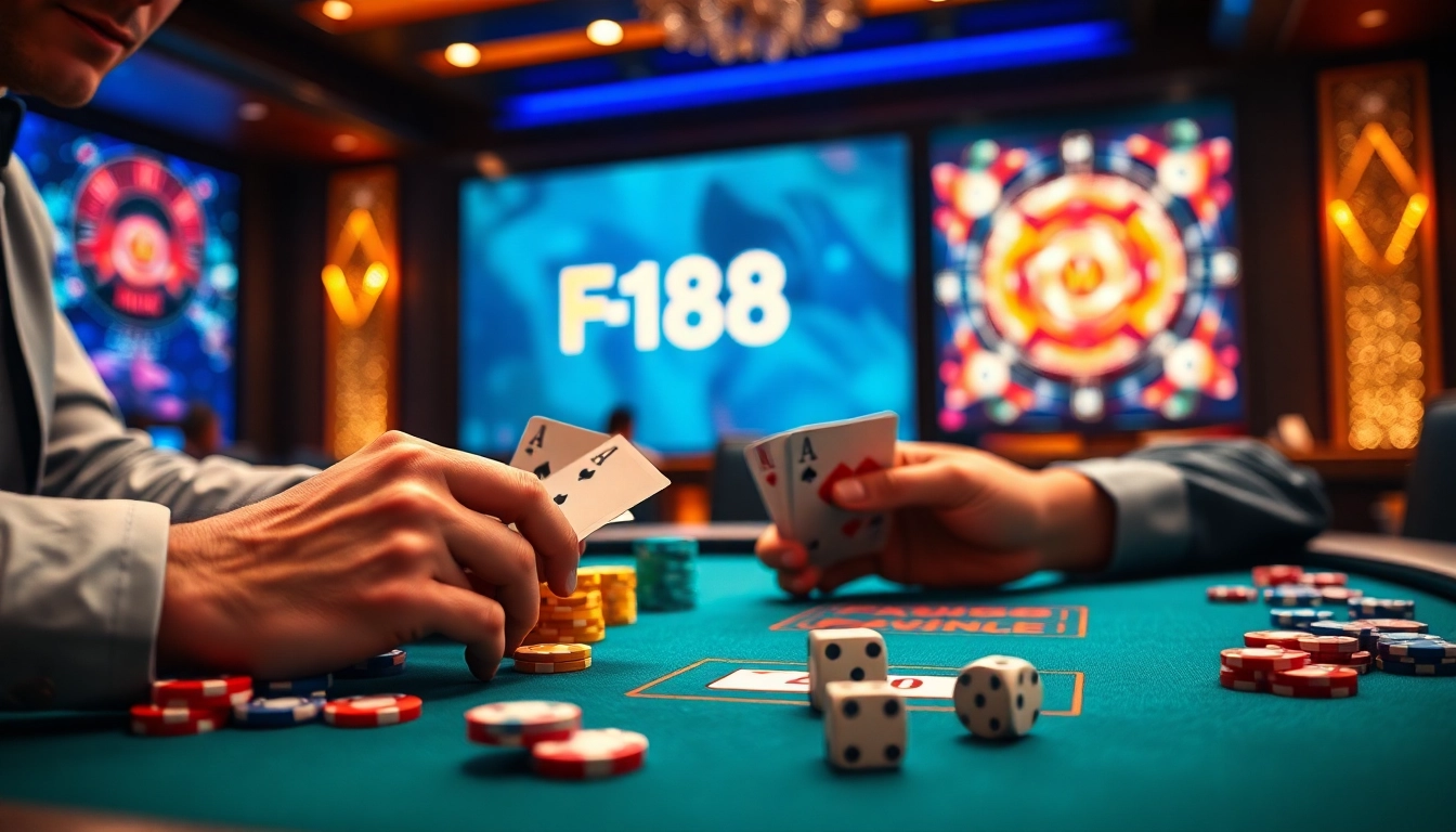 F168 poker table showcasing vibrant chips and cards in a luxurious casino atmosphere.