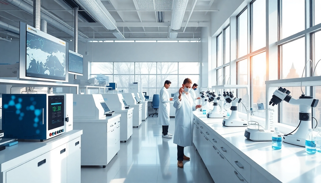 Utherpeptide.com showcases a modern peptide research lab with scientists and advanced equipment.