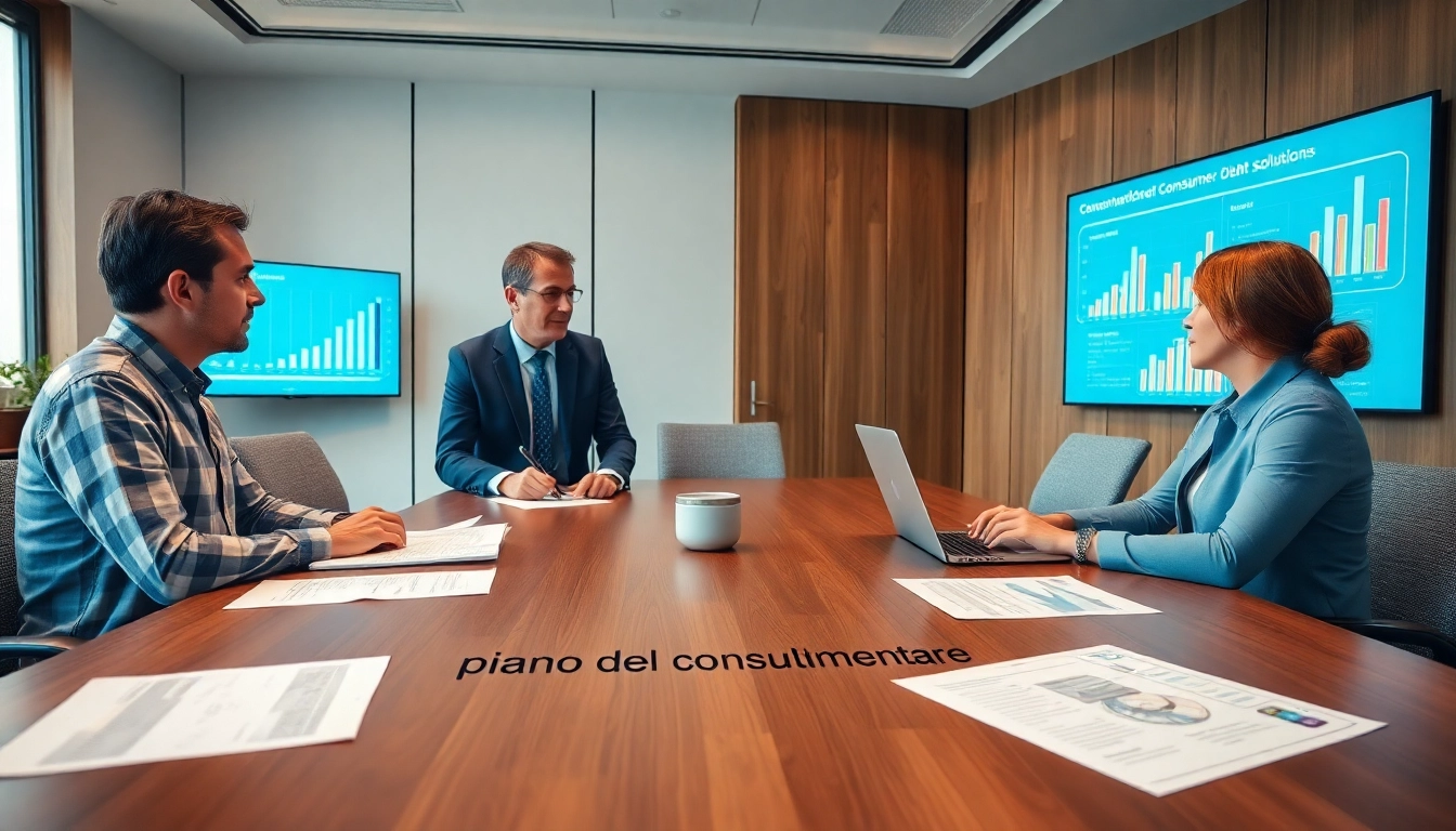 Consultazione sul Piano del Consumatore in un ufficio moderno con consulente finanziario e cliente.