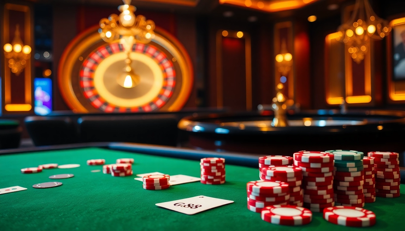 Exciting GG88 casino table experience with vibrant poker chips and elegant roulette wheel.