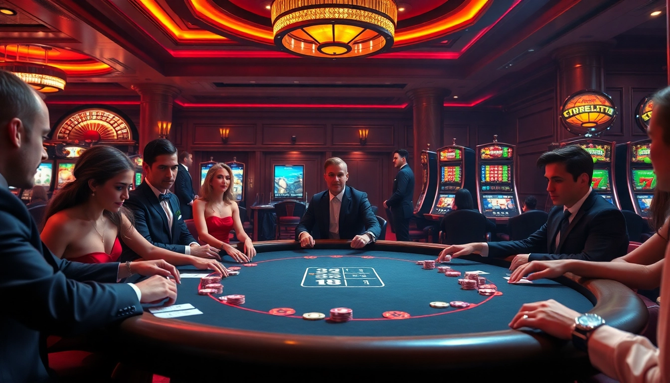 Engaged gamblers playing at DA88's poker table with vibrant casino elements.