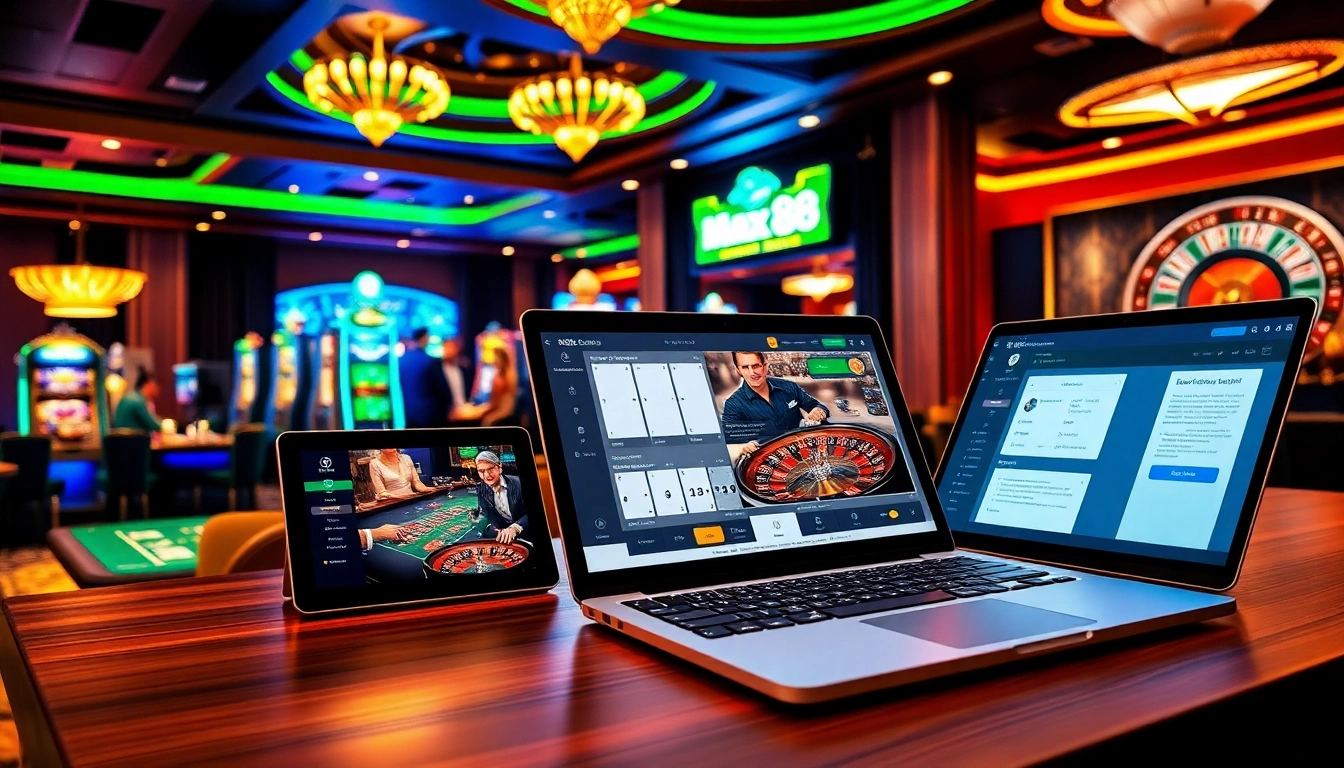 Experience the excitement of max88 casino with players at poker and vibrant slot machines.