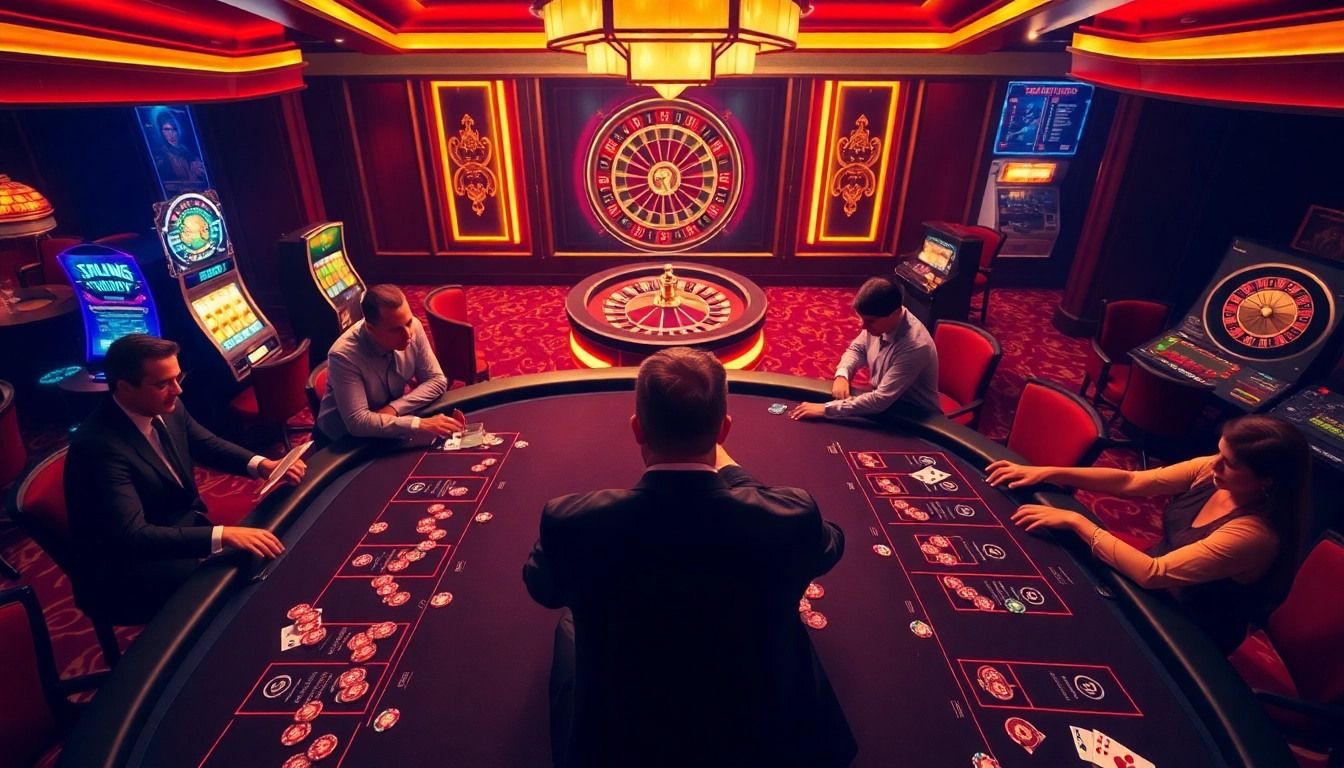 Players enjoying thrilling casino games at https://bet88b.us.com/, surrounded by vibrant slot machines and roulette wheels.