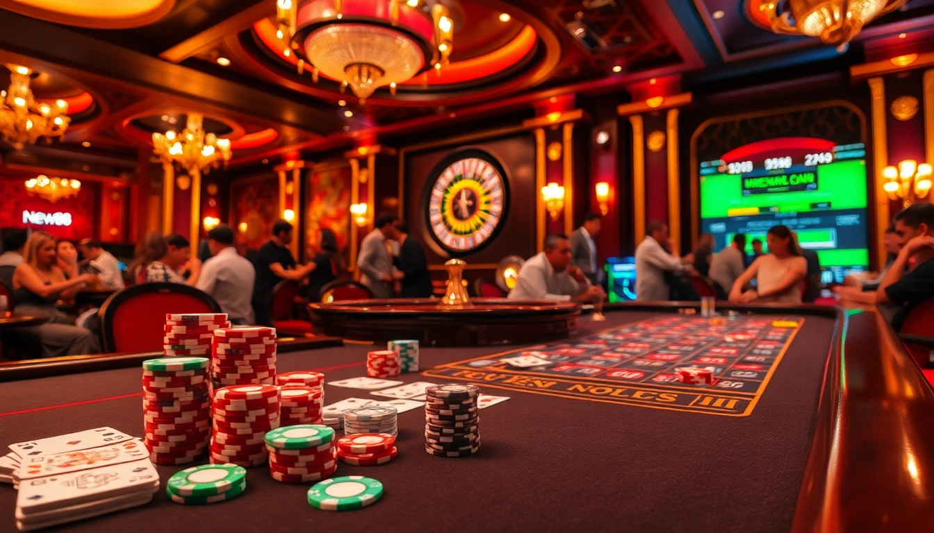 Experience the thrill of high-stakes casino games at https://vnew88.vip/ with vibrant poker chips and spinning roulette.