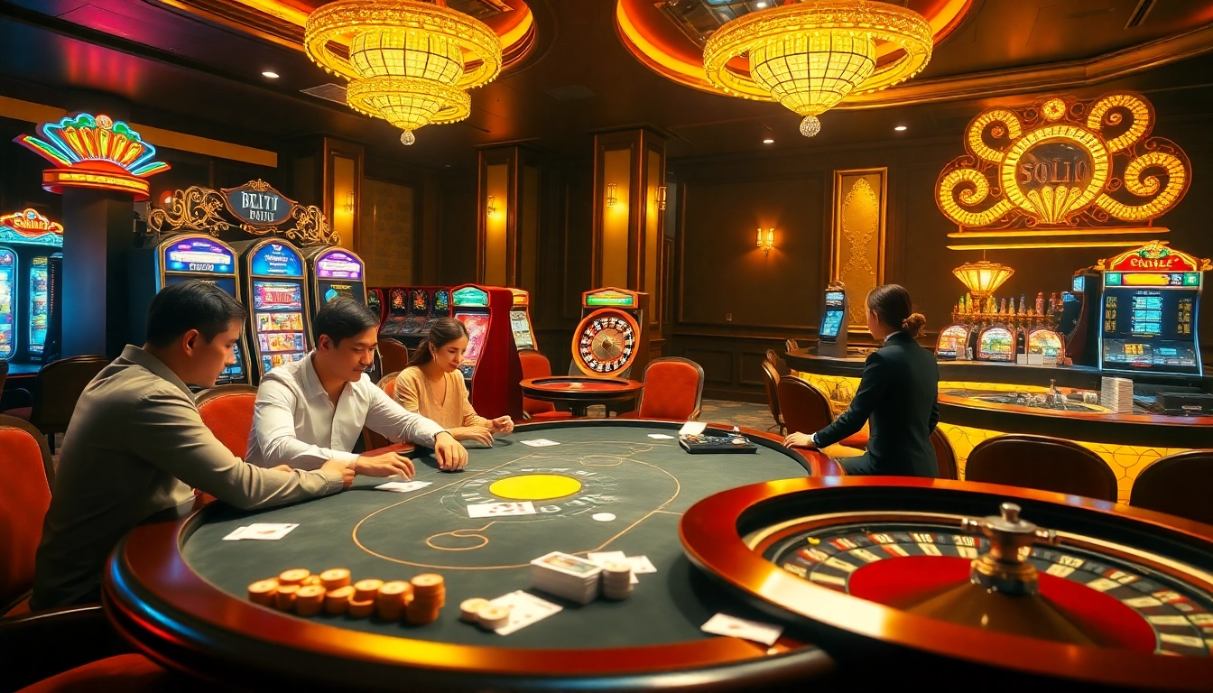 Engaging poker gameplay at https://1mm888.com/ casino with colorful slot machines and vibrant decor.