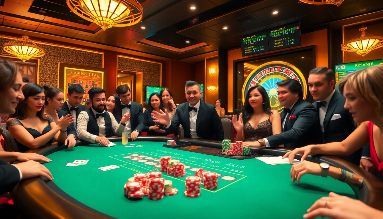 Exciting gamblers enjoying a game at 9WIN casino, with poker chips and a roulette wheel featured prominently.