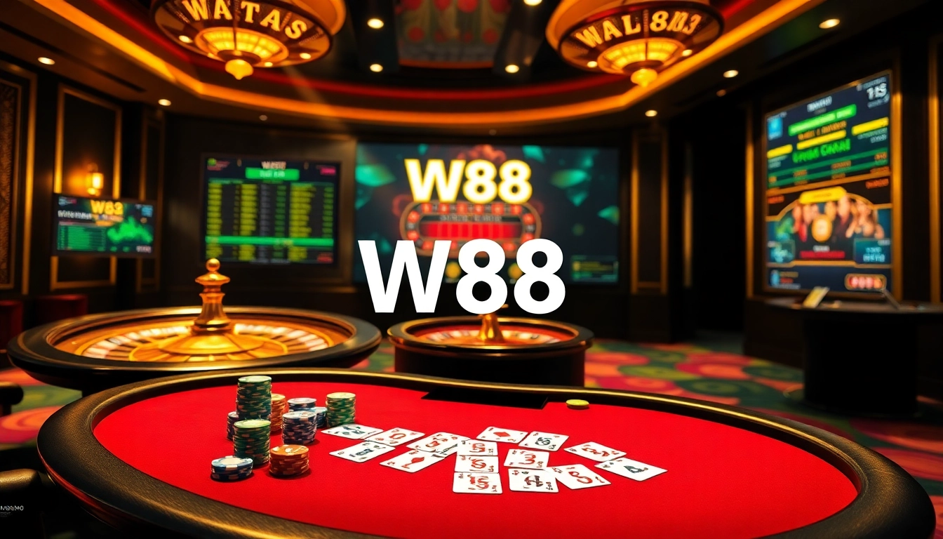 Experience thrilling gaming at W88's luxurious casino with poker tables and vibrant roulette.