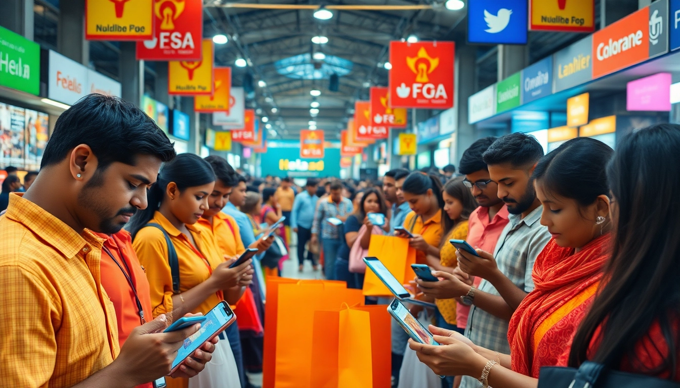 Engaging scene of Hela Ads users interacting in a vibrant digital marketplace.