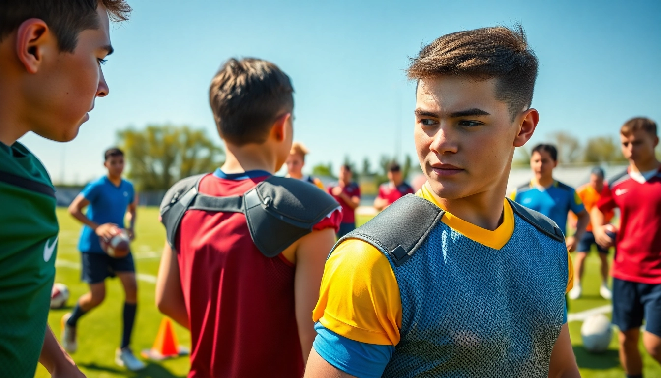 Shoulder braces for football worn by athletes in a dynamic training scene, focusing on safety and performance.