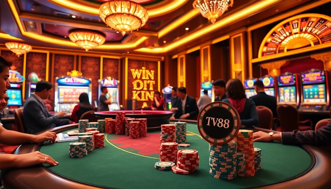 Experience an exciting poker game at TV88 with colorful chips and a glamorous casino atmosphere.