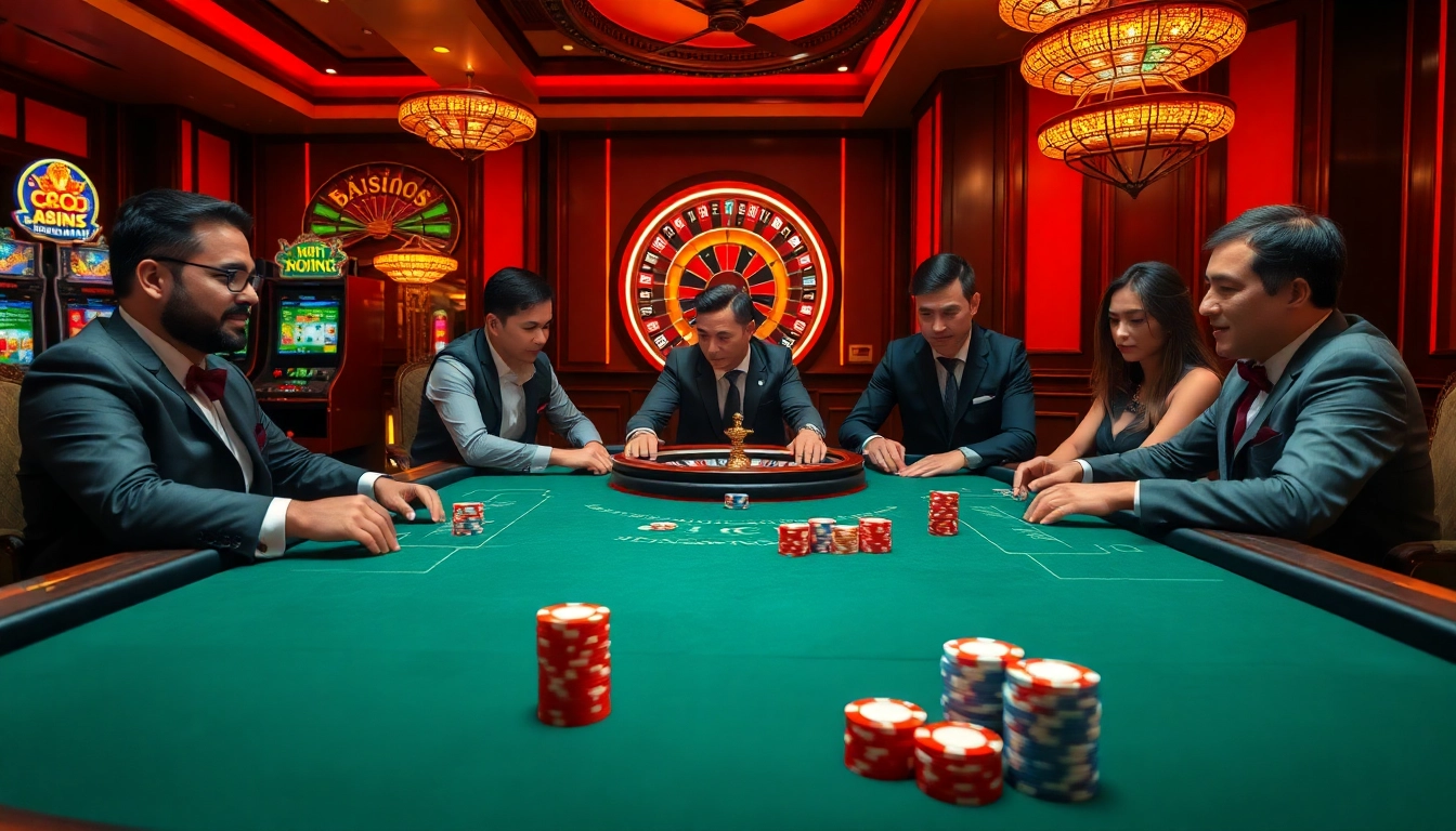 Luxurious casino scene featuring poker and slot machines at https://kjc.coffee/, illuminated for excitement.