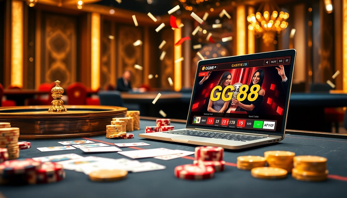 GG88 online casino players celebrating a win with poker chips and roulette.