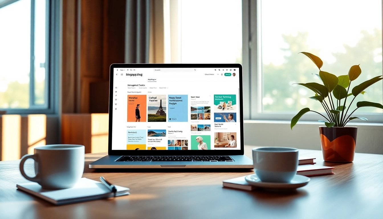 Blogapp.blog interface on a laptop in a modern workspace, showcasing an inviting blogging environment.