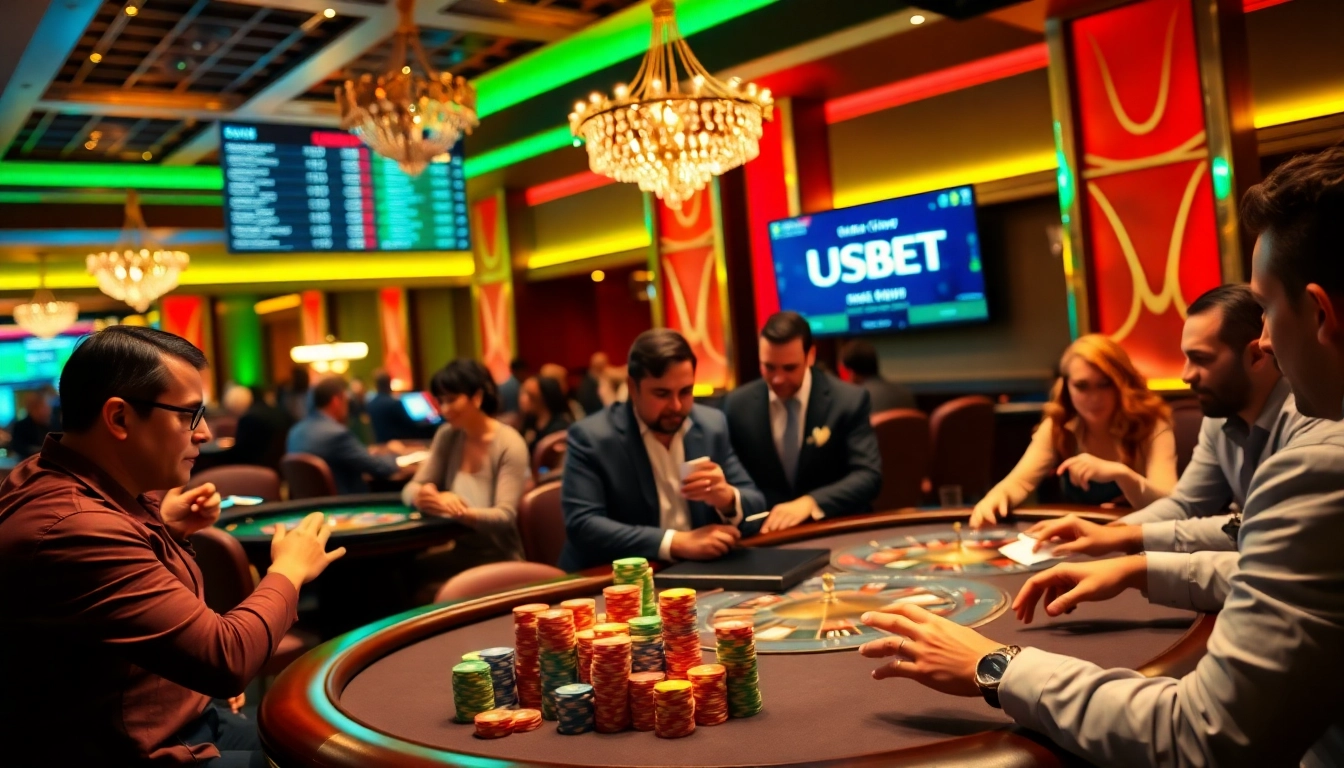 Experience high-stakes poker action at a luxurious casino featuring usbet sports betting on digital displays.