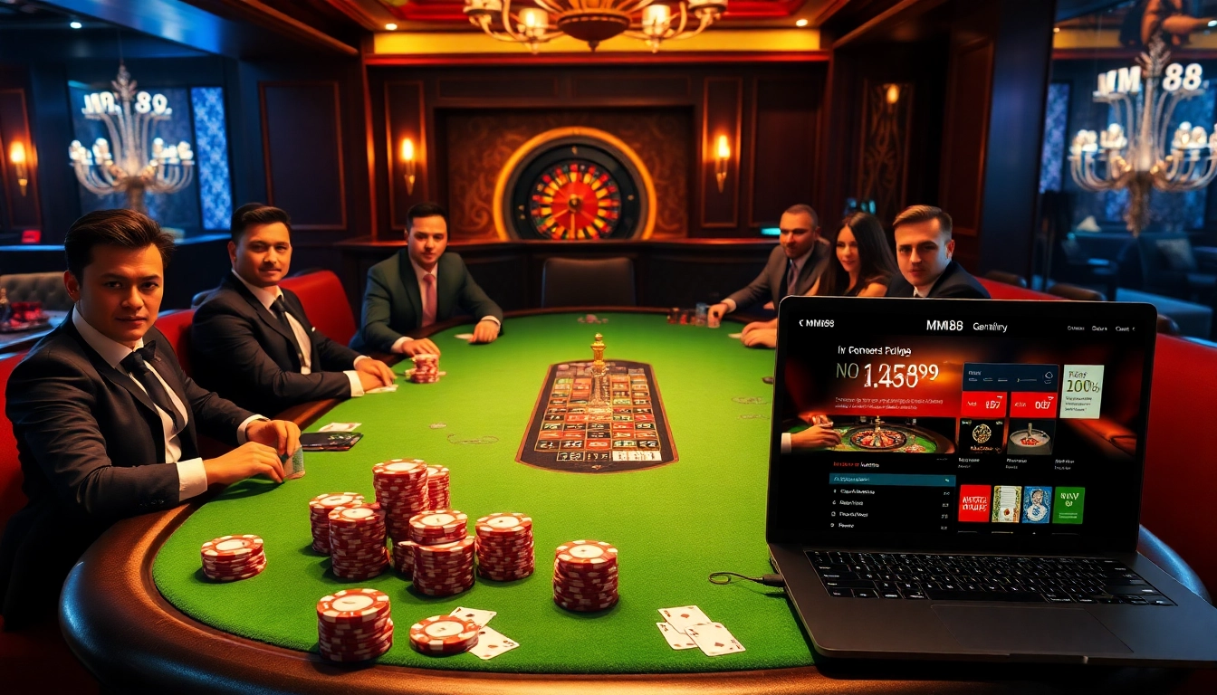 Intense poker game with MM88 branding, showcasing chips and cards in a luxurious casino setting.