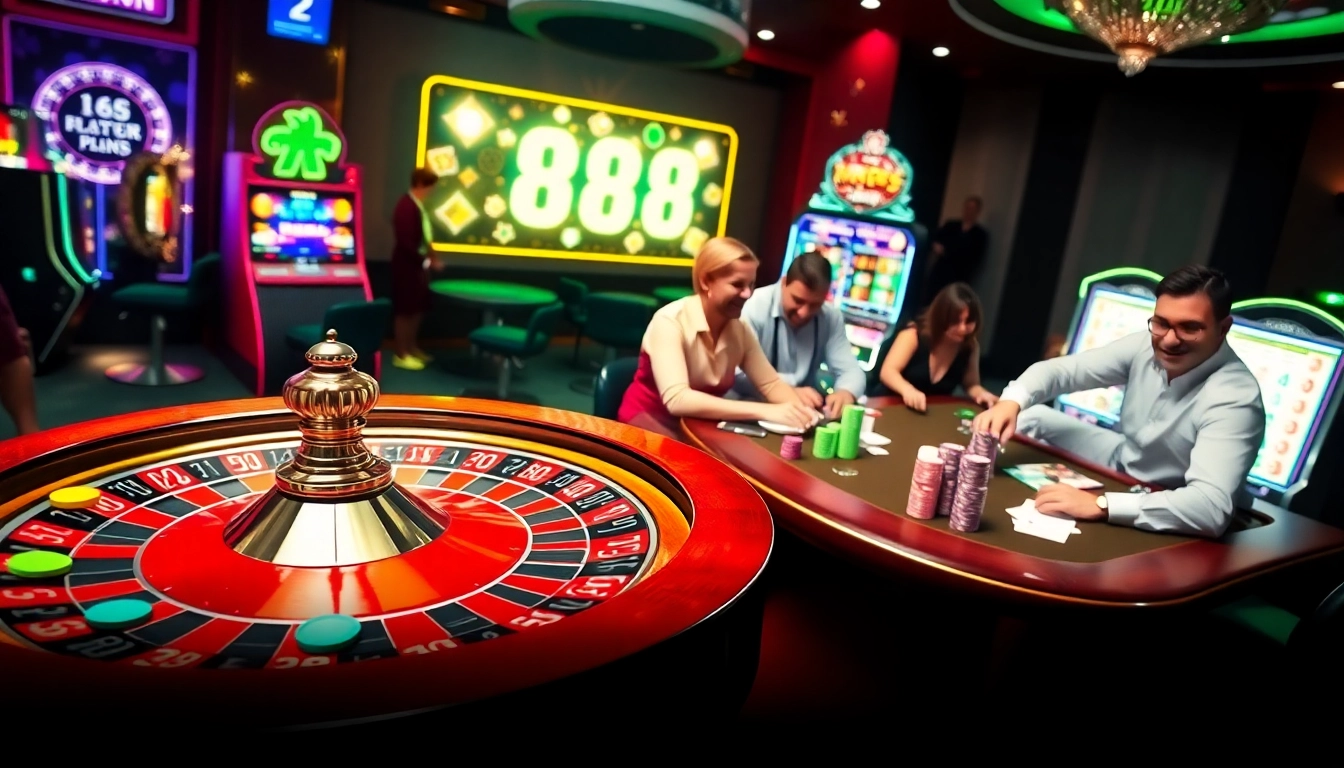 Experience exciting gameplay at https://fc88.de.com/ with vibrant casino elements like roulette wheels and poker tables.