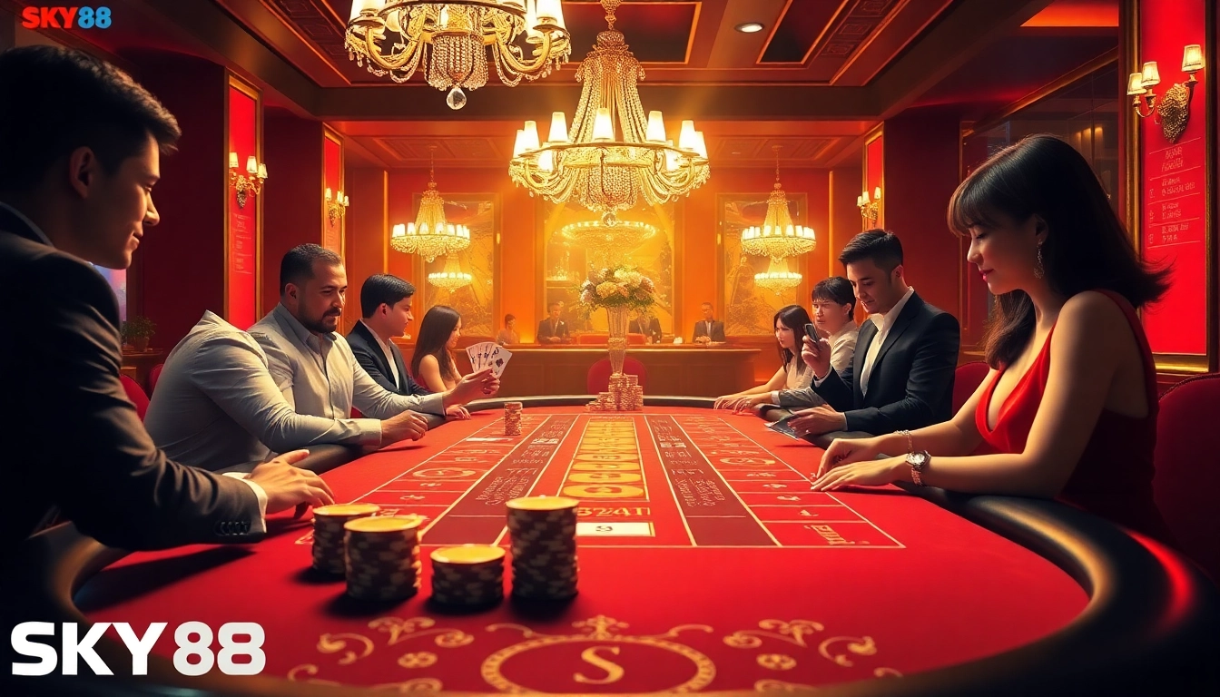 Players enjoying a thrilling baccarat game at https://sky88sk.com/, celebrating wins with vibrant ambiance.