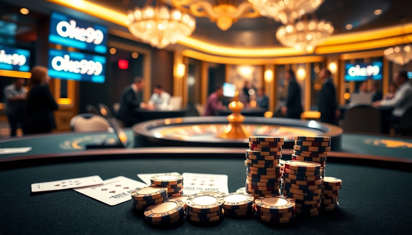 Experience the thrill of gambling at Oke99's elegant casino table with vibrant poker chips.