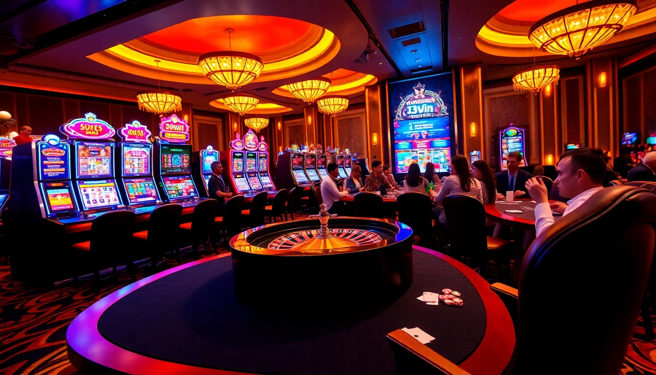 Players celebrating wins at 13Win casino with vibrant slot machines and a roulette wheel, showcasing excitement.