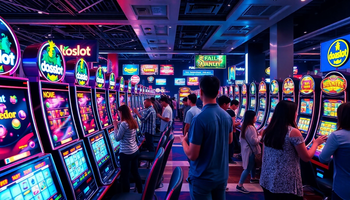Engaging scene of diverse customers enjoying doaslot machines in a vibrant casino setting.