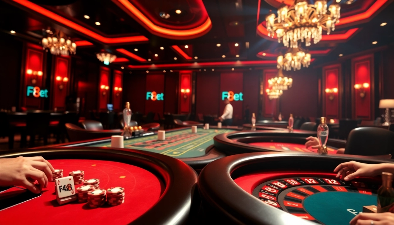 Experience the excitement of F8Bet's luxurious casino atmosphere with vibrant games, poker, and roulette.