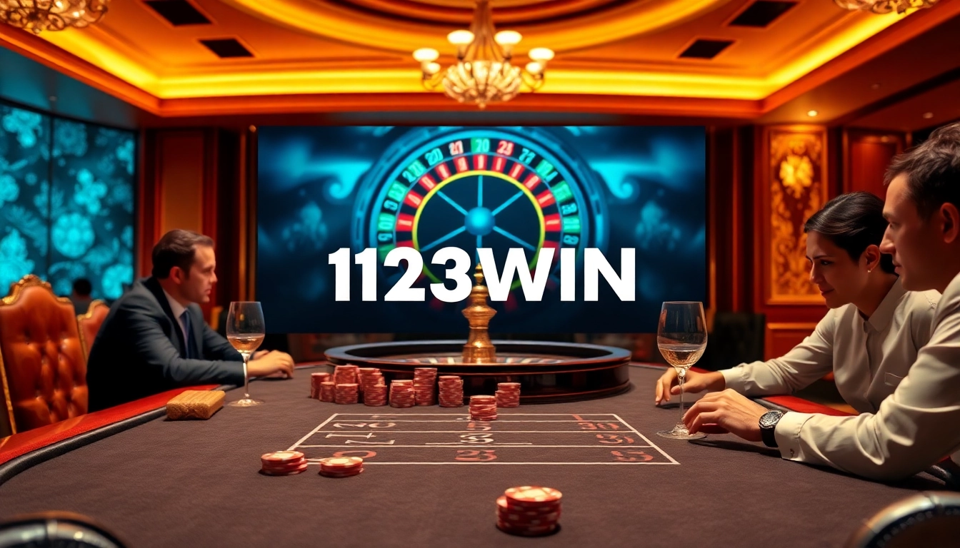 Experience the thrilling atmosphere of 123WIN with a luxurious poker table and roulette wheel.