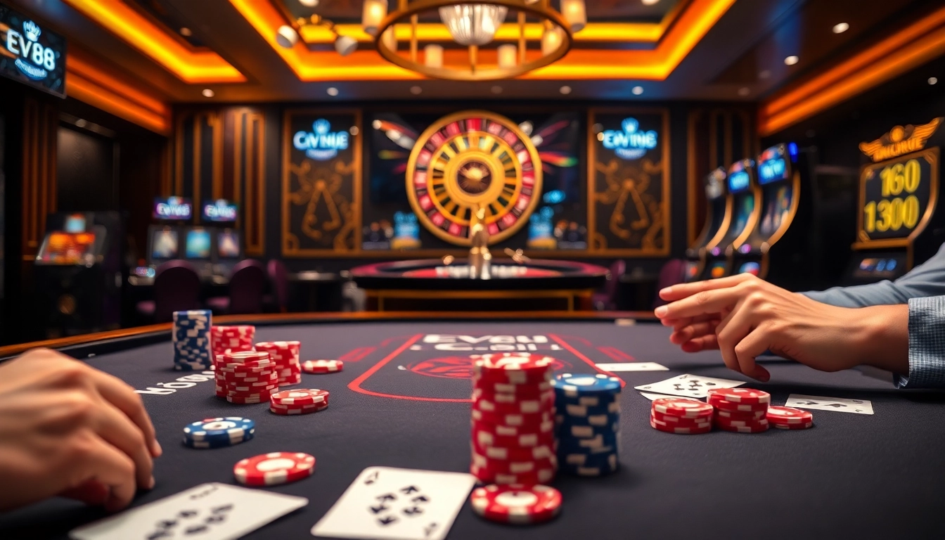 EV88 players engaging in exciting casino games with vibrant poker chips and professional settings.