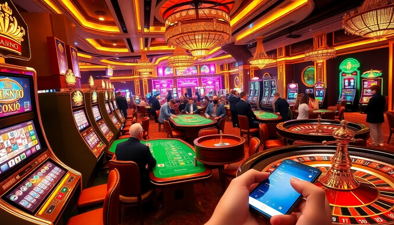 Experience the excitement at 789f nhà cái with players enjoying a luxurious casino atmosphere filled with slot machines, poker tables, and roulette wheels.