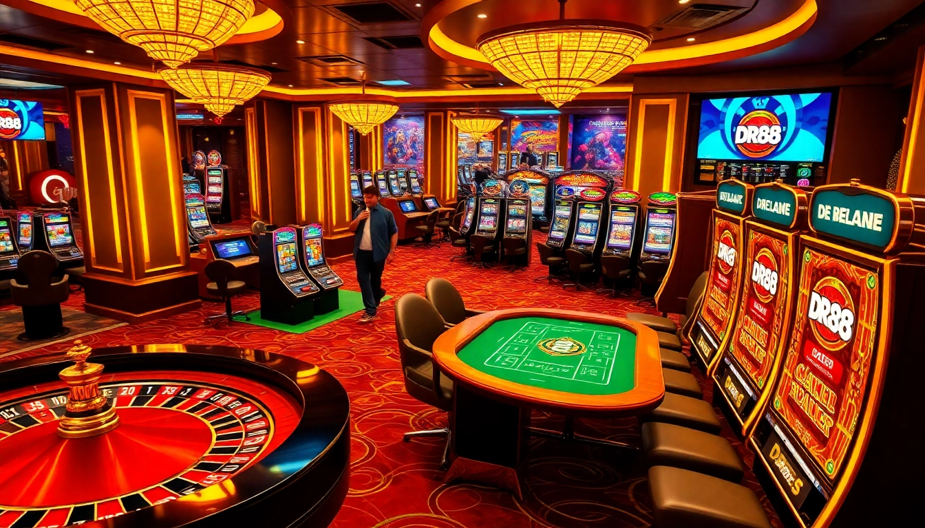 Experience thrilling casino gaming at DR88 with vibrant tables, cards, and a roulette wheel.