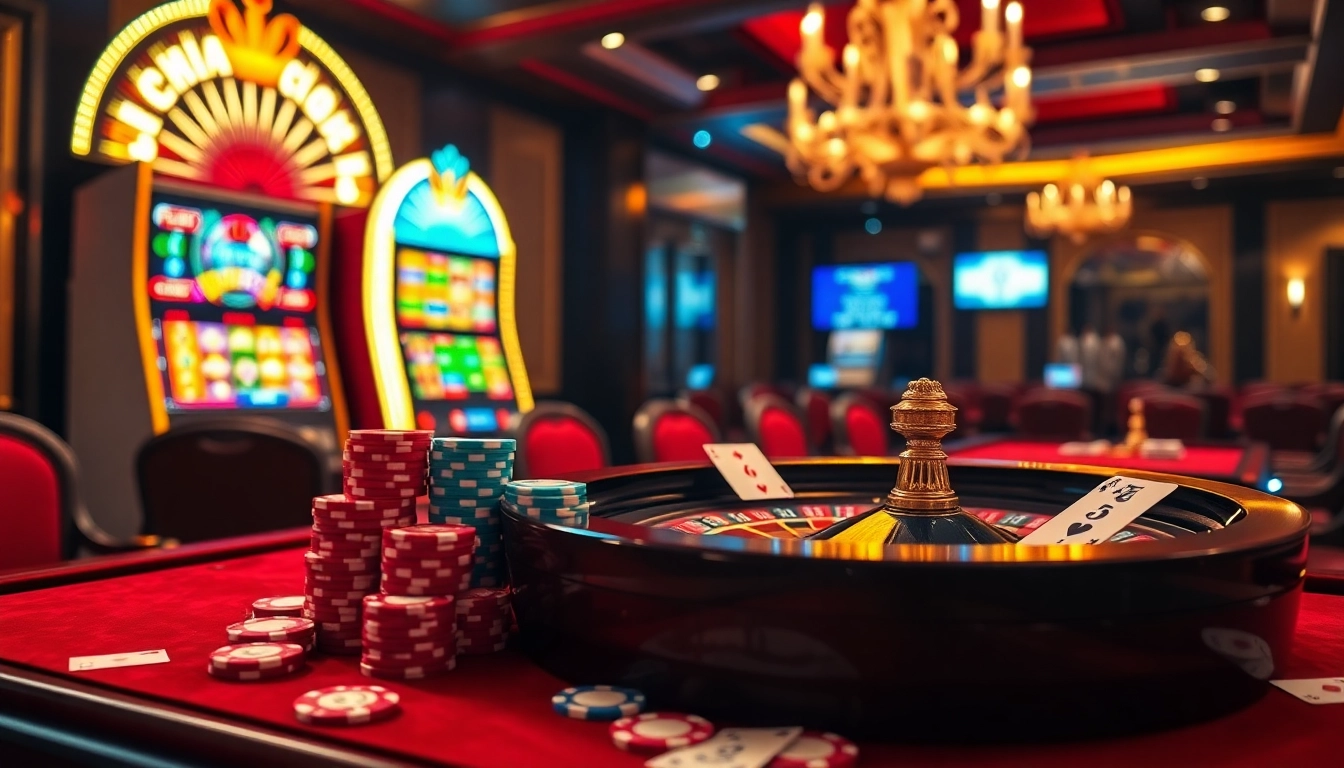 Experience the excitement of F8bet bargains with vibrant casino elements like poker chips and slot machines.