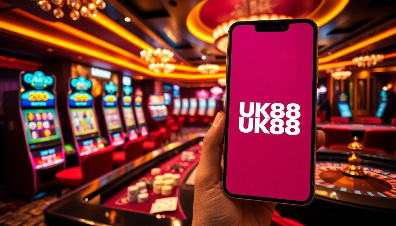 Experience the excitement of tải game uk88 with vibrant slot machines and lively players in a luxury casino setting.