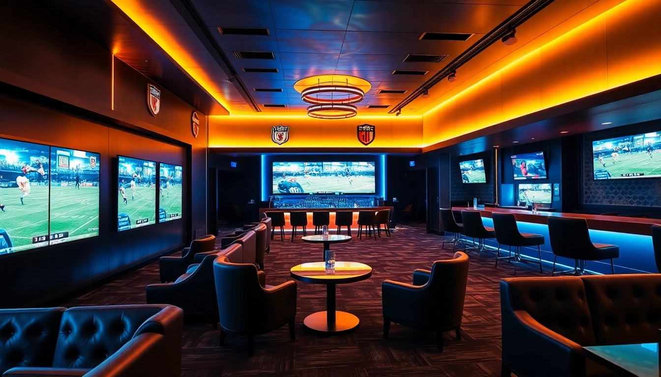 Experience the excitement of moonbarguy's modern gaming lounge with vibrant sports screens and plush seating.
