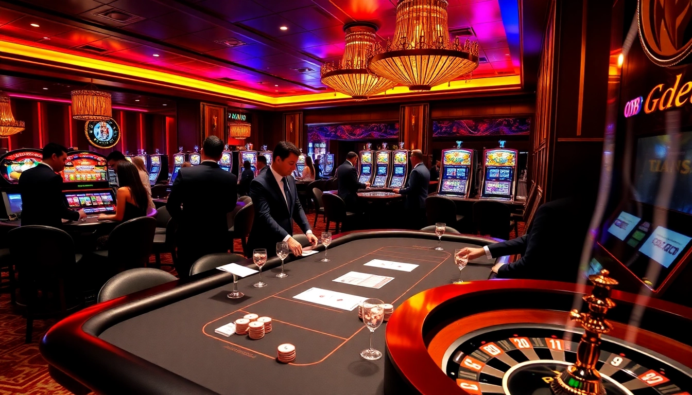 Experience the thrill of gambling at a GO8 casino, featuring luxurious poker tables and vibrant slot machines.