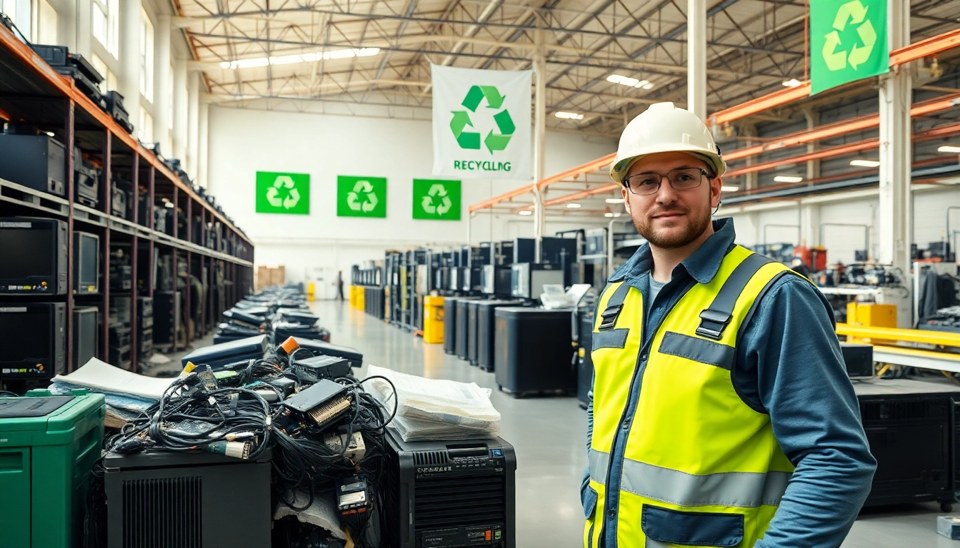 Engaging scene of computer recycling slough with professional staff and organized electronic waste.