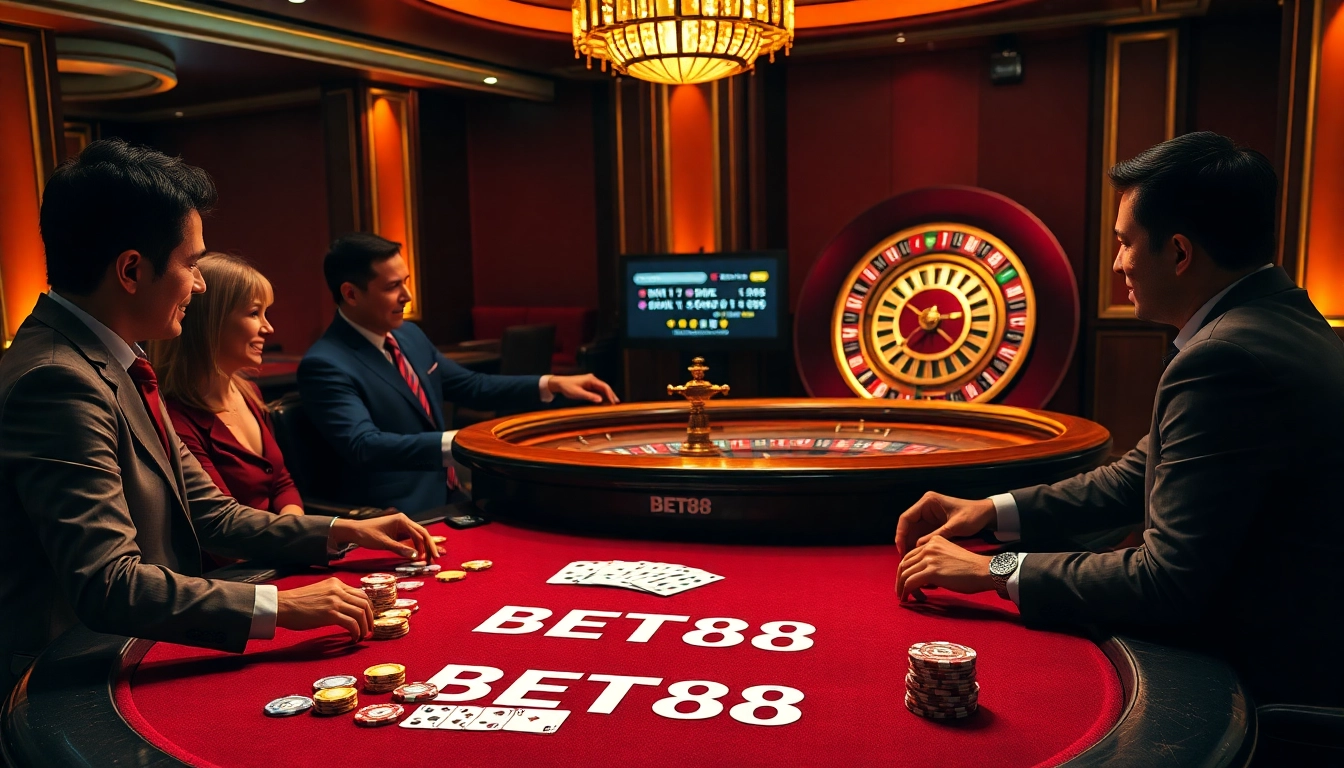 Experience thrilling gameplay at BET88's luxurious poker table amidst vibrant casino ambiance.
