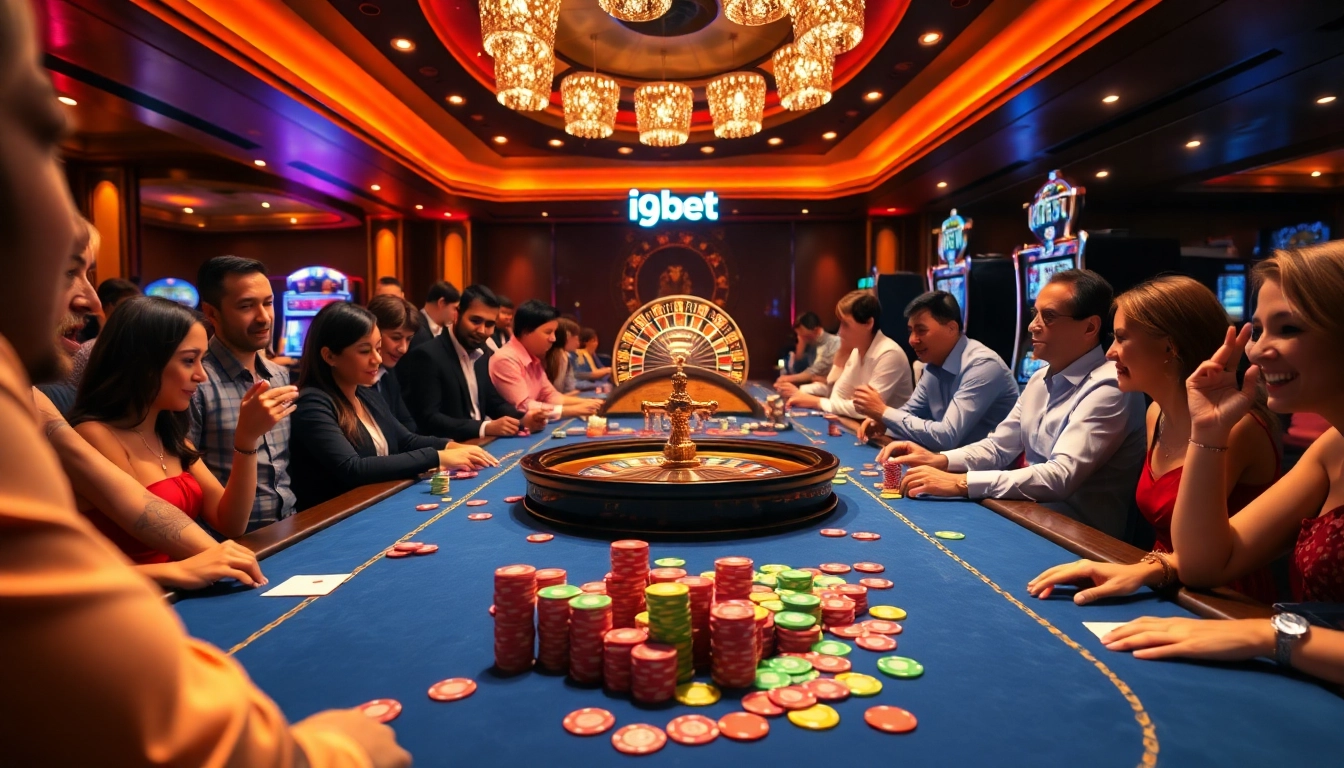 i9bet gaming table bustling with excitement and vibrant poker chips in a luxurious casino