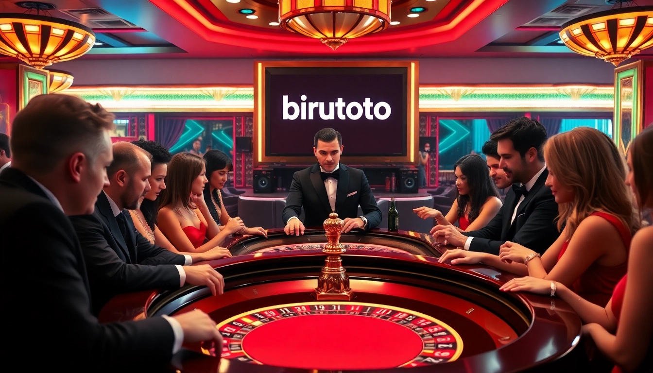 Players engaging at a luxurious casino table with birutoto screens displaying betting options.