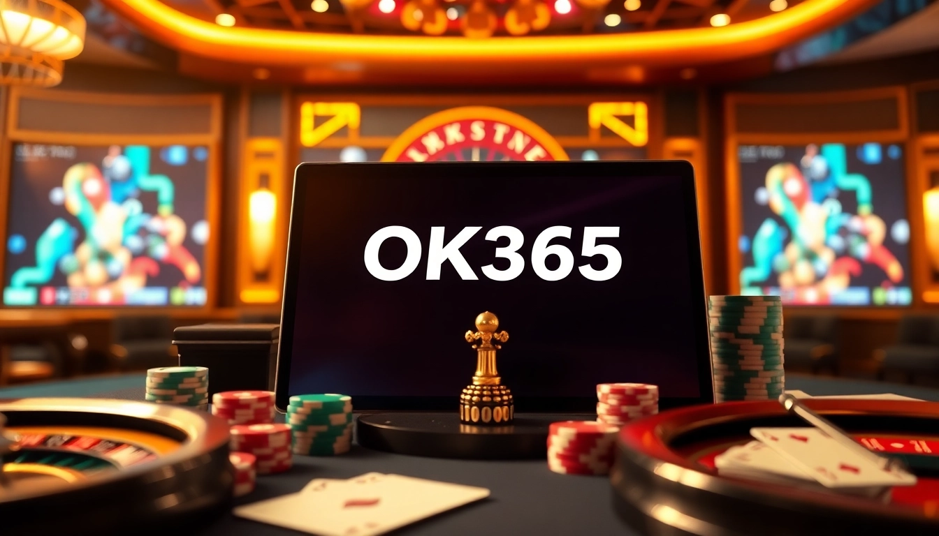 Experience the thrill of online gaming with the OK365 link, showcasing vibrant casino elements like poker chips and cards.