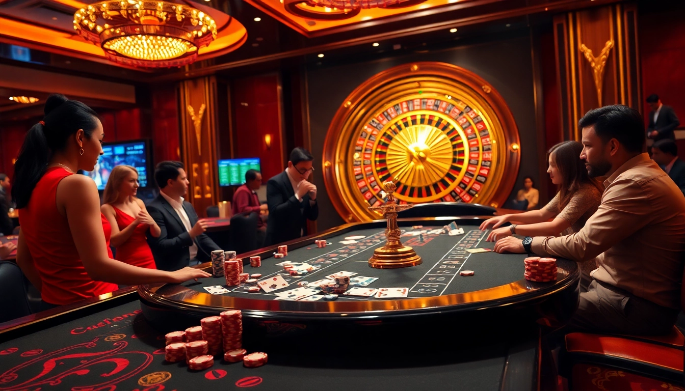 OKFUN players enjoying a thrilling card game at a luxurious casino table with poker chips and dice.