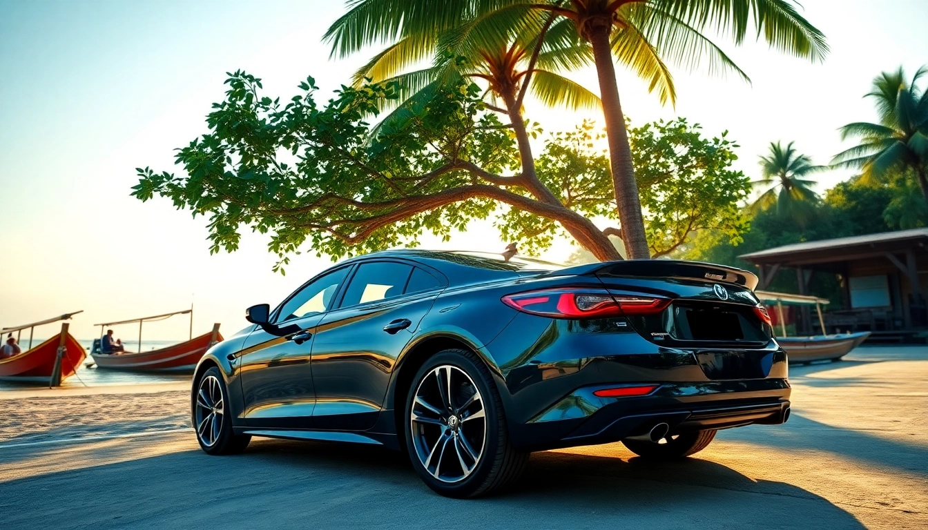 Kuching car hire scenery featuring a modern vehicle near a beach with tropical trees and sunset.