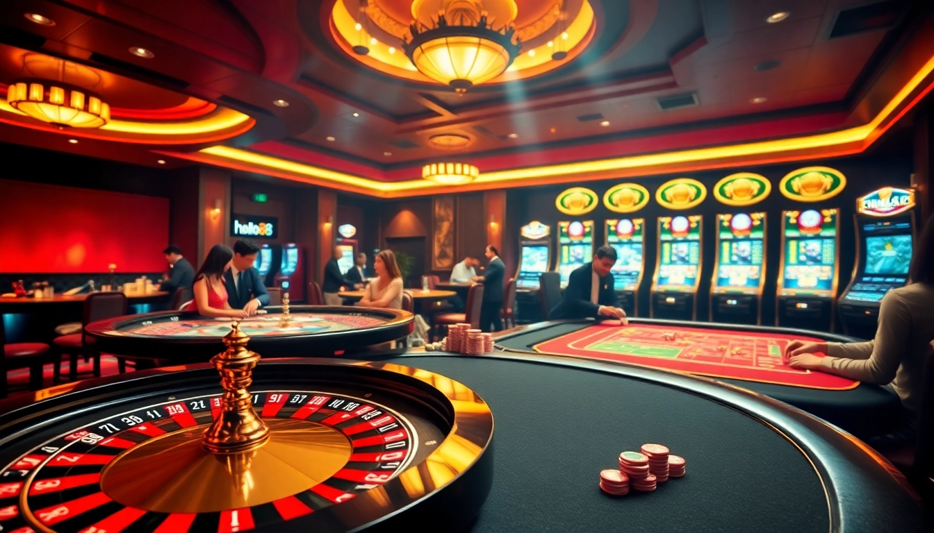 Hello88 casino scene showcasing professional gamblers at poker tables with vibrant chips and a roulette wheel.