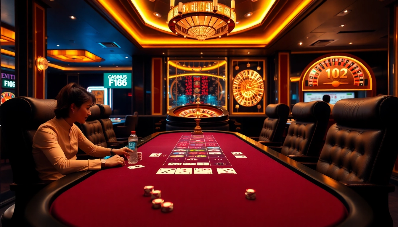Engaging scene of เจ้ามือรับแทง F168 in a luxurious casino, emphasizing poker chips and gaming tables.