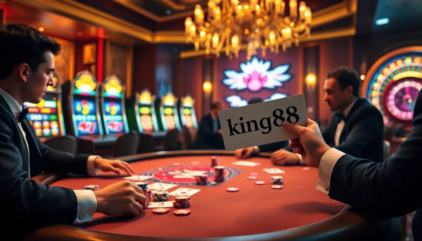 Experience the thrill of gambling at king88 with vibrant poker gameplay, luxurious decor, and spinning roulette.