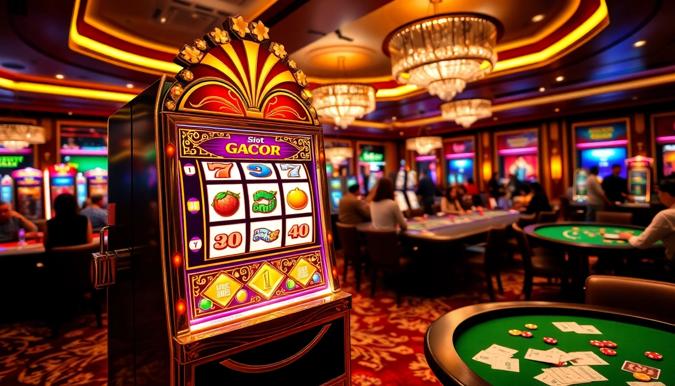 Engaging players enjoying Slot Gacor Hari ini at a vibrant casino scene with colorful slot machines.