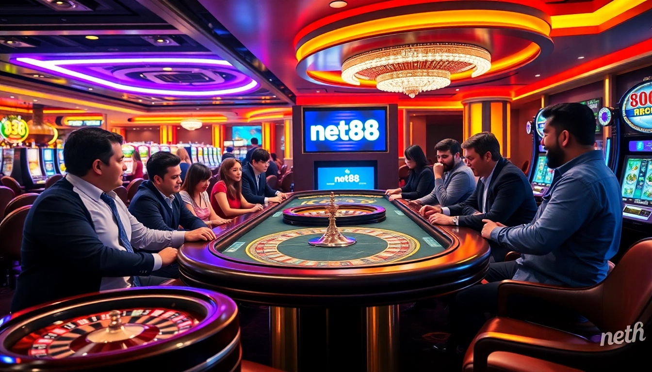 A thrilling net88 casino scene showcasing players at a poker table and vibrant slot machines.