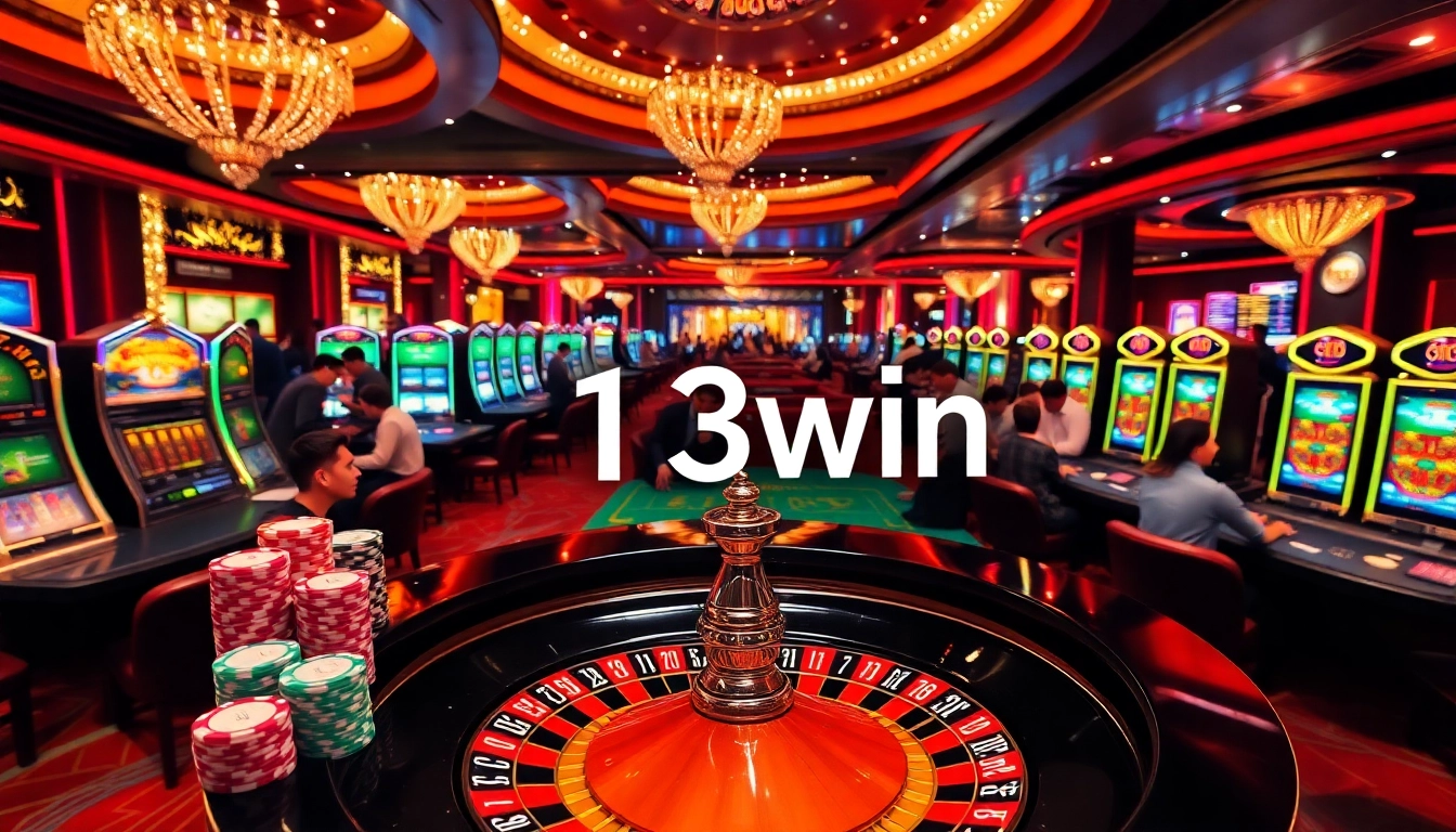 Engage in thrilling gameplay at 13win with vibrant casino tables, chips, and a roulette wheel.