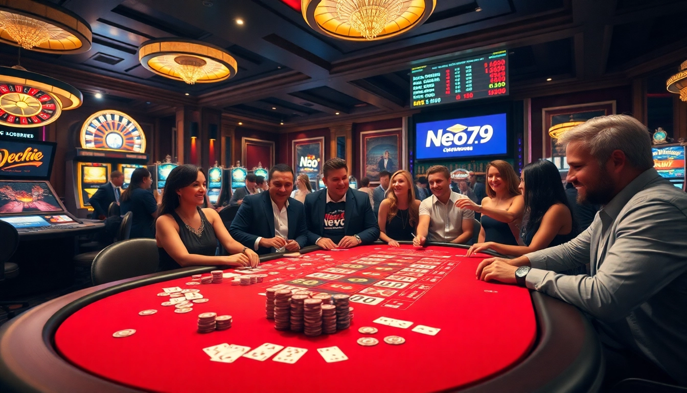 Engaging Neo79 casino scene with vibrant gaming tables and excited players.