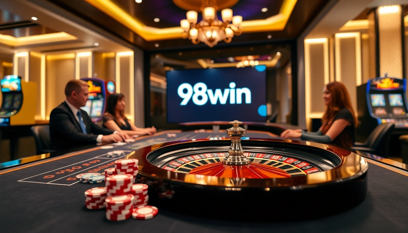 Exciting gaming scene at 98win casino with vibrant tables and joyful players.
