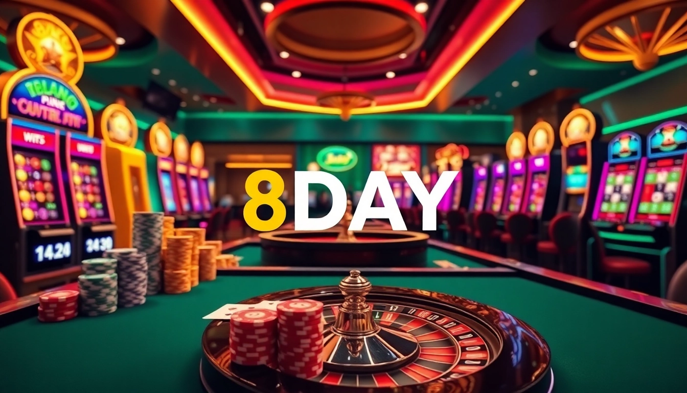 8DAY Casino scene with luxurious poker tables, vibrant slot machines, and an exciting roulette wheel.