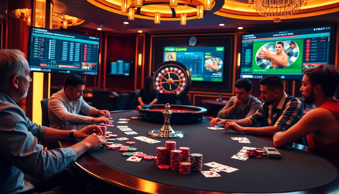 A lively poker game at a luxurious casino table showcasing the excitement of vsbet3 net.